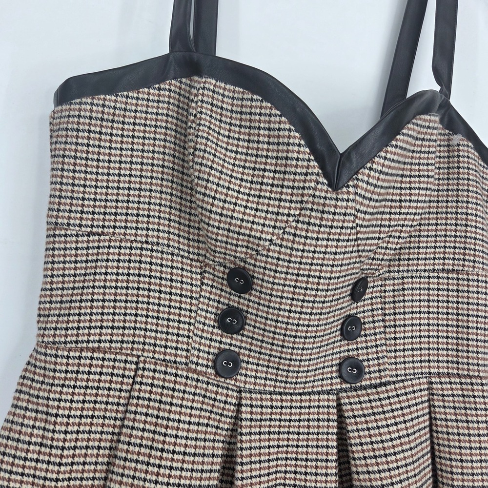Venus Houndstooth Mini Dress S Brown Faux Leather Trim Dark Academia Preppy Edgy - Picture 2 of 8